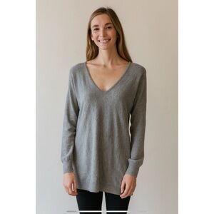 MINNIE ROSE SWEATER S V NECK TENCEL SILK NYLON LONG LENGTH OVERSIZED CASUAL GRAY